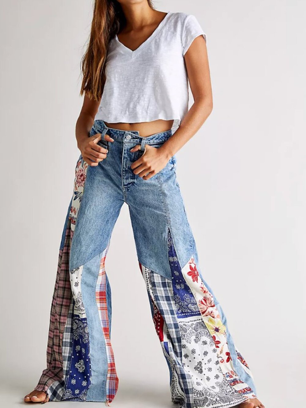 Free People Patchwork Wide-Leg Jeans in Light Blue with Multicolor Panels